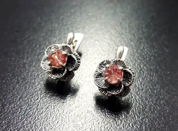 Pink Rose Earrings, Pink Tourmaline, Vintage Earrings, Pink Flower Earrings, Tourmaline Earrings, Stud Earrings, Rose, Solid Silver Earrings