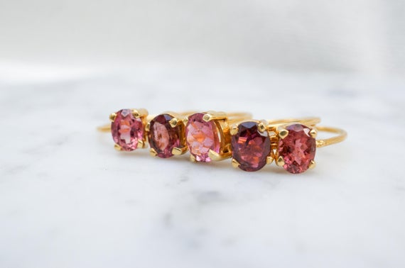 6mm Pink Tourmaline Oval Cut 14k Gold-fill Ring. Stackable Rings. Dainty Gold Gemstone Ring Dark Pink Oval Gem. Size 7