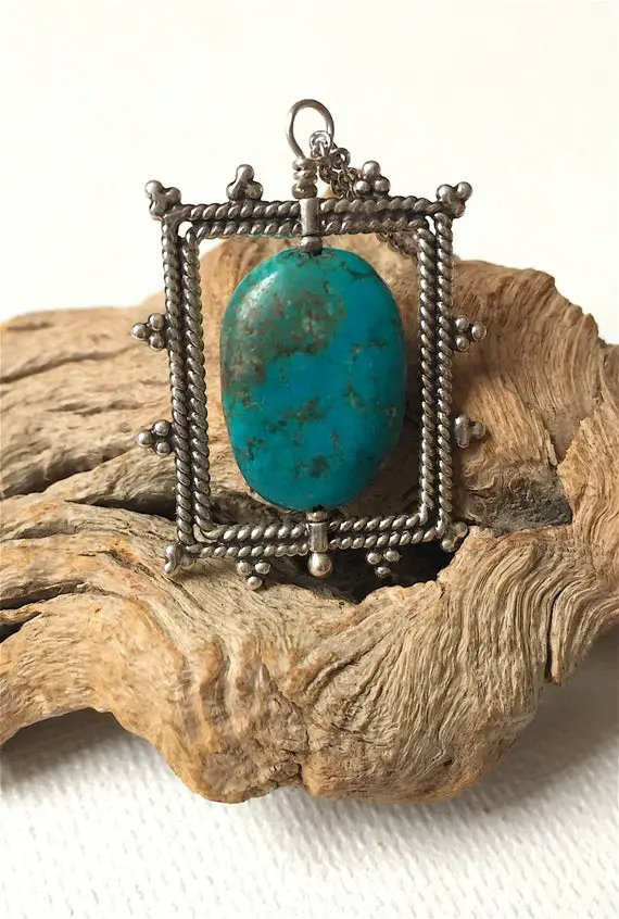 Turquoise Pendant, Turquoise Necklace, Silver Framed Pendant Necklace