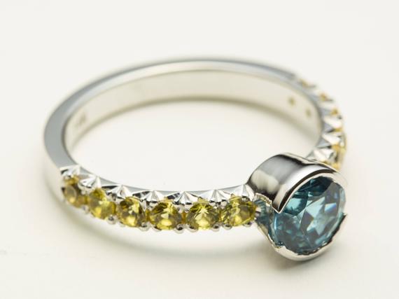 Blue Zircon Engagement Ring With Yellow Sapphires, Blue Zircon Ring, White Gold Zircon Ring, Simple Zircon Ring