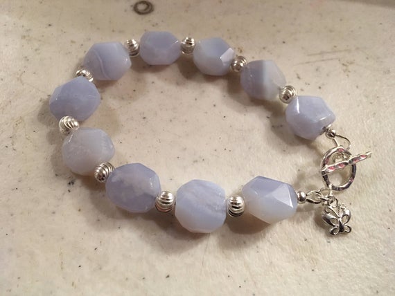 Blue Bracelet - Lace Agate Gemstone Jewelry - Sterling Silver Jewellery - Beaded - Chic - Butterfly Charm