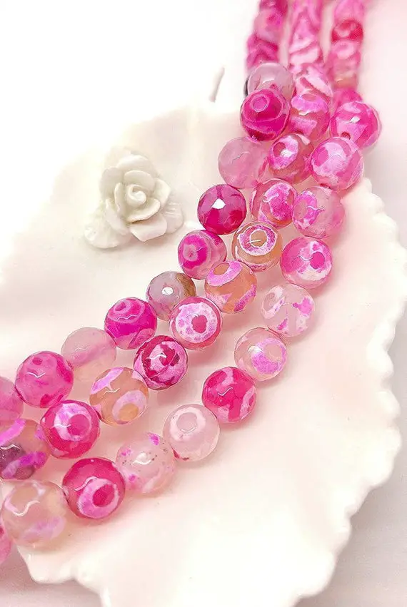 Faceted Rustic Tibetan Eye Dzi Agate Beads  Agate Gemstone Beads 8 Mm / Pink Beads Buddha Beads  Mala  Agate Beads Dzi Heavens Beads 4 Beads