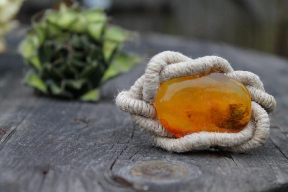 Huge Baltic Amber Bracelet Raw Stone Jewelry Honey Orange Yellow Bee Linen Sailor Rope Knot Summer Fashion Gift For Her