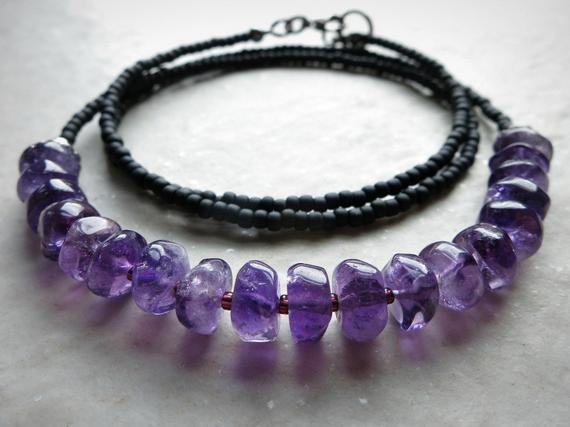 Dainty Purple Amethyst Necklace, Beaded Bohemian Style February Birthstone Jewelry In Black And Purple