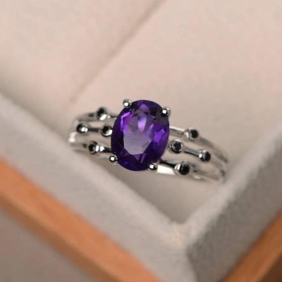 Natural Amethyst Ring, Wedding Ring, Oval Cut Purple Gemstone, February Birthstone, Sterling Silver Ring