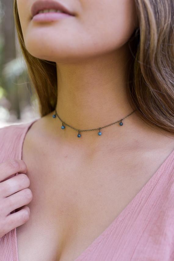 Boho Blue Apatite Dangle Bead Drop Choker Necklace In Bronze, Silver, Gold Or Rose Gold. Adjustable Length. Handmade To Order.