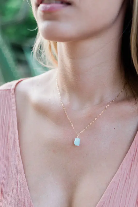 Tiny Raw Blue Aquamarine Gemstone Pendant Necklace In Gold, Silver, Bronze Or Rose Gold - 2" Adjustable Extender - March Birthstone Necklace