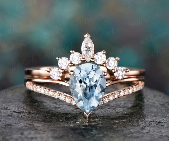 2pc Aquamarine Engagement Ring Set Rose Gold Diamond Ring Split Shank Moissanite Band Vintage Stack Crown Wedding Bridal Promise Ring Set