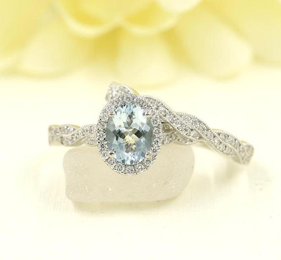 14k Oval Aquamarine Diamond Bridal Ring / Diamond Twisted Wedding Band / Aquamarine Wedding Ring / White Gold / Anniversary Ring