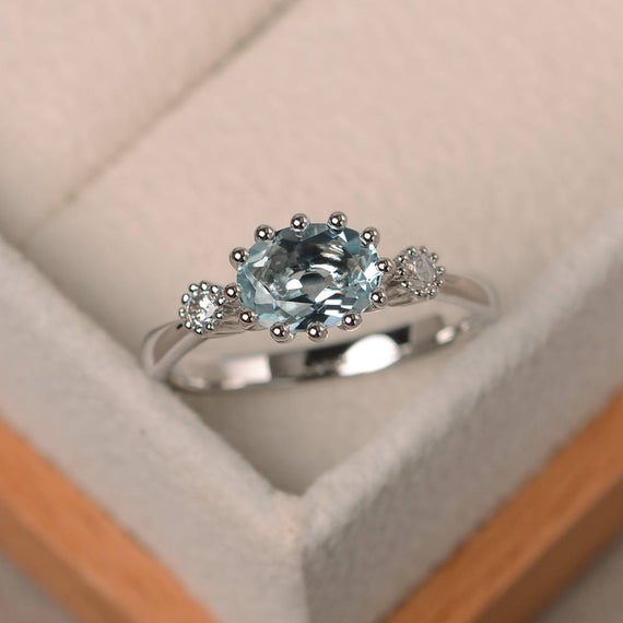 Aquamarine Engagement Ring, Sterling Silver, Oval Cut, Promise Ring For Her