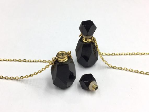 Faceted Black Tourmaline Perfume Bottle Necklace Essential Oil Bottle Gemstone Perfume Diffuser Bottle Pendant Charm Gemstone Scent Bottle