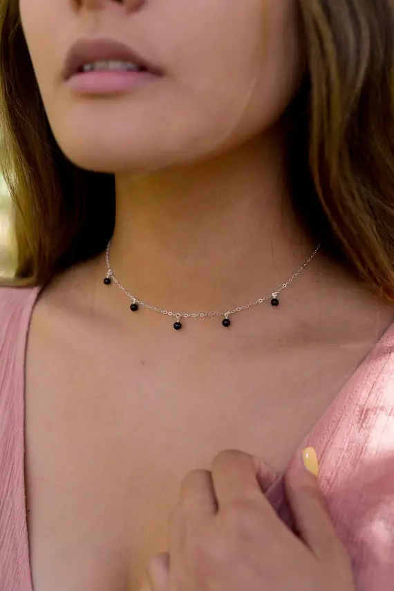 Boho Black Tourmaline Dangle Bead Drop Choker Necklace In Bronze, Silver, Gold Or Rose Gold. Handmade To Order. October Birthstone