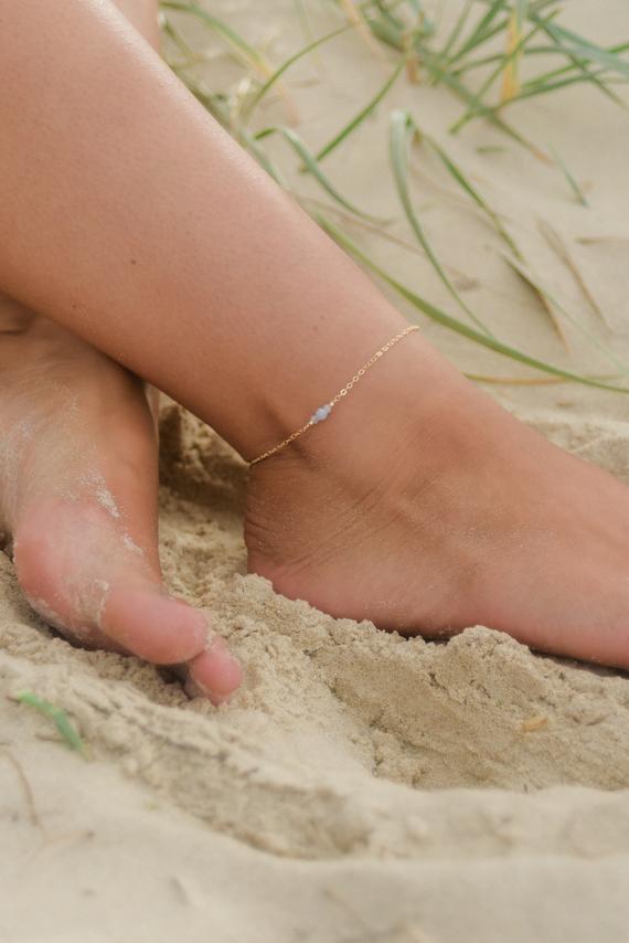 Blue Lace Agate Dainty Gemstone Anklet In Bronze, Silver, Gold Or Rose Gold - 8" Chain With 2" Adjustable Extender - Blue Ankle Bracelet