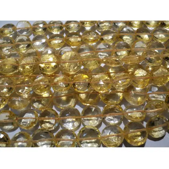 13 Pieces 10mm Each Natural Yellow Coin Shaped Micro Faceted Citrine Gemstone Beads, Sold As Half Strand 5 Inches