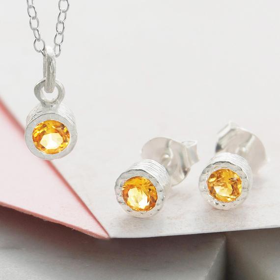 Citrine Jewelry Set Sterling Silver November Birthstone Necklace Citrine Stud Earrings Bridesmaids Gift