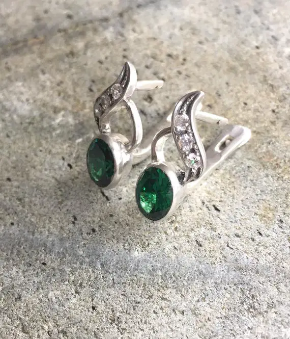 Emerald Earrings, Created Emerald, Antique Earrings, Vintage Emerald Earrings, Dainty Earrings, Green Curvy Earrings, 925 Silver Earrings