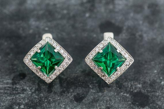 Emerald Earrings, Created Emerald, Vintage Emerald Earrings, Vintage Earrings, Antique Emerald Earrings, Antique Earrings, Silver Earrings