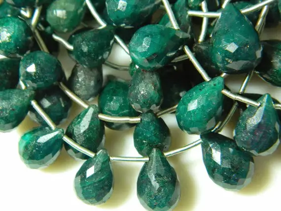 Green Corundum Briolettes, Emerald Beads, Faceted Tear Drop Beads, 18 Pieces, 6x10mm To 10x15mm Each