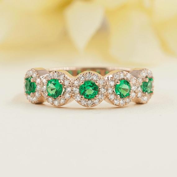 14k Natural 5 Emerald Diamond Halo Wedding Band / Emerald Ring / Diamond Halo Ring / Emerald Diamond Ring / White Gold / Diamond Band