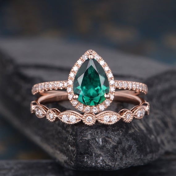 Lab Emerald Engagement Ring Set Bridal Sets Pear Shaped Rose Gold Diamond Halo Promise May Birthstone Art Deco Women Anniversary Ring