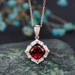 Flower halo real diamond red garnet necklace cushion garnet necklace 14k rose gold pendant January birthstone necklace dainty unique vintage | Natural genuine Array jewelry. Buy crystal jewelry, handmade handcrafted artisan jewelry for women.  Unique handmade gift ideas. #jewelry #beadedjewelry #beadedjewelry #gift #shopping #handmadejewelry #fashion #style #product #jewelry #affiliate #ad