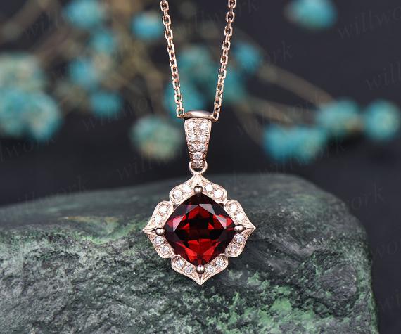 Flower Halo Real Diamond Red Garnet Necklace Cushion Garnet Necklace 14k Rose Gold Pendant January Birthstone Necklace Dainty Unique Vintage