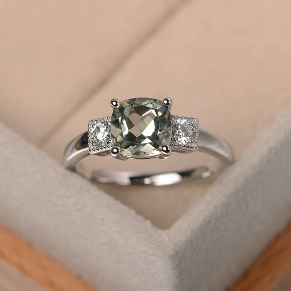 Engagement Ring,cushion Cut,real Green Amethyst Ring,natural Gemstone Ring,sterling Silver Ring