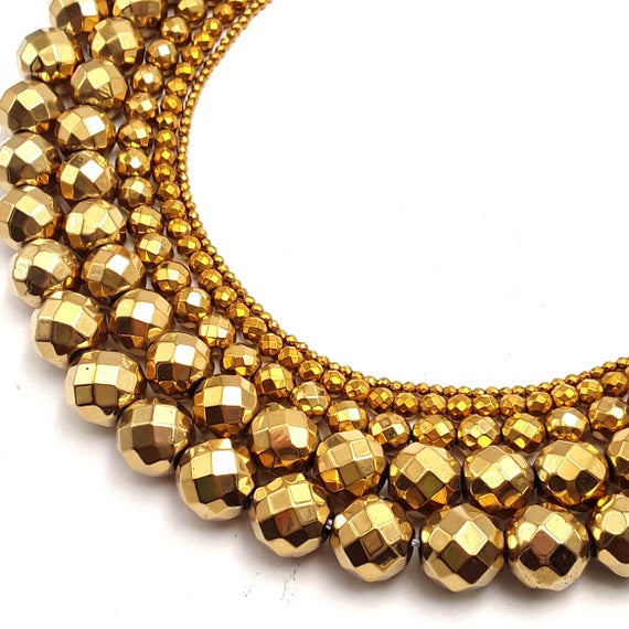 Gold Hematite Faceted Round Beads 2mm 3mm 4mm 6mm 8mm 12mm 15.5" Strand