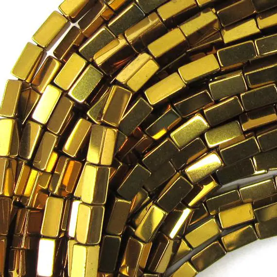 4mm Hematite Side Tube Beads 16" Strand Gold Color
