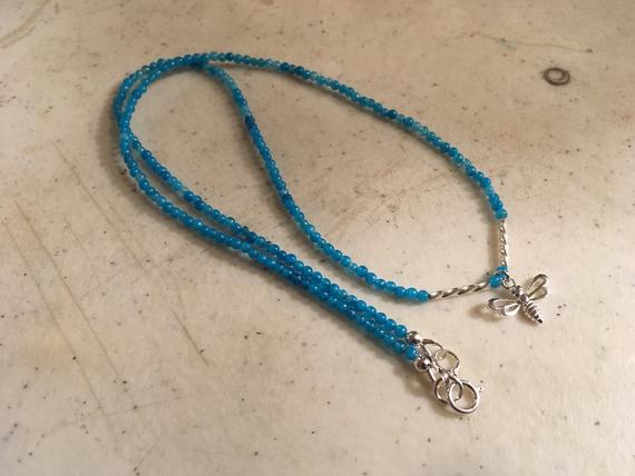 Blue Necklace - Jade Gemstone Jewellery - Bee Pendant - Sterling Silver Jewelry