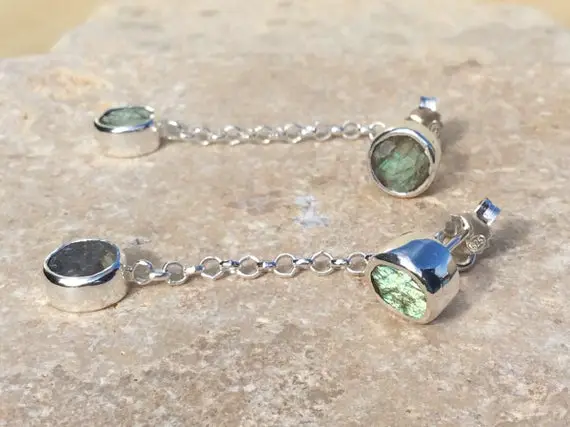 Labradorite Raw Stone Drop Earrings, Womens’ Gemstone Silver Two Way Earrings, Gift For Women