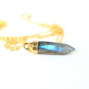 Crystal spike necklace – labradorite necklace – blue flash – layering necklace – a gold topped labradorite spike on a 14k gold vermeil chain | Natural genuine Labradorite necklaces. Buy crystal jewelry, handmade handcrafted artisan jewelry for women.  Unique handmade gift ideas. #jewelry #beadednecklaces #beadedjewelry #gift #shopping #handmadejewelry #fashion #style #product #necklaces #affiliate #ad