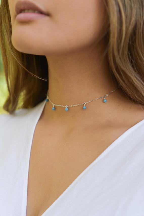 Boho Aqua Blue Larimar Dangle Bead Drop Choker Necklace In Bronze, Silver, Gold Or Rose Gold. Adjustable Length. Handmade To Order.