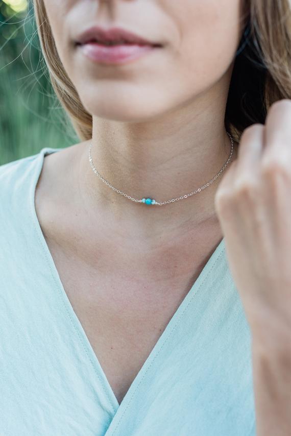 Dainty Aqua Blue Larimar Gemstone Thin Choker Necklace In Bronze, Silver, Gold Or Rose Gold. Adjustable Length. Handmade To Order.