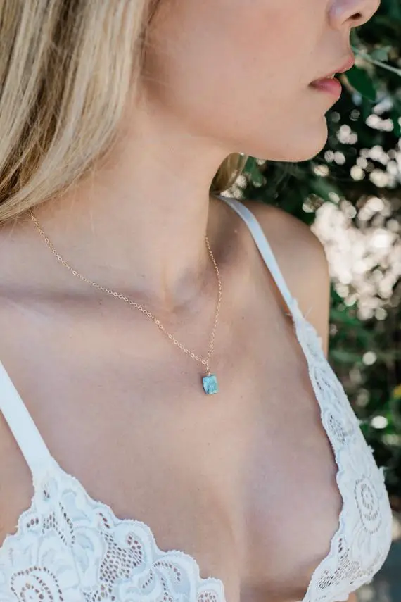 Tiny Raw Sky Blue Larimar Gemstone Pendant Necklace In Gold, Silver, Bronze Or Rose Gold - 16" Chain With 2" Adjustable Extender