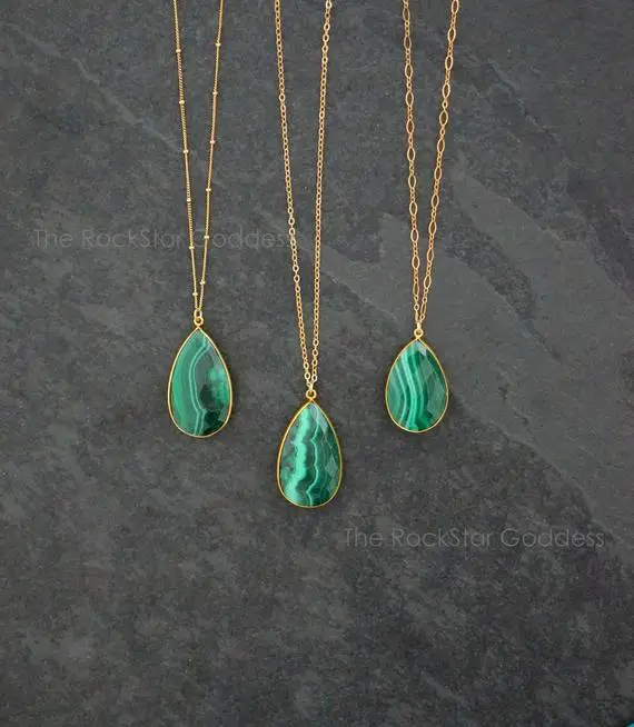 Gold Malachite Necklace / Malachite Jewelry / Malachite Pendant / Satellite Chain / Gift For Wife