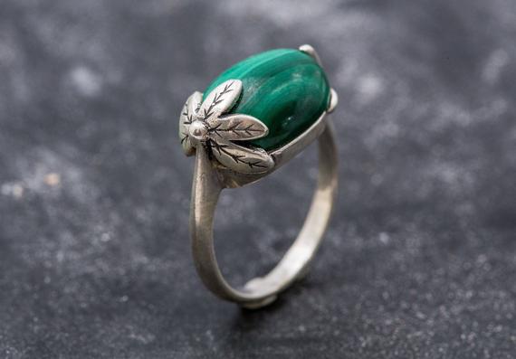 Green Leaf Ring, Malachite Ring, Vintage Rings, Natural Malachite, Horizontal Ring, Green Ring, Silver Ring, Real Malachite, Green Malachite