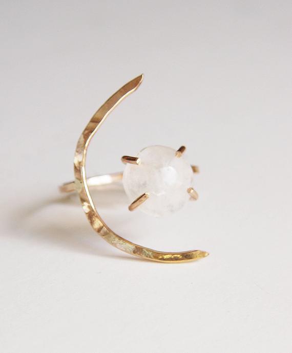 Crescent Moonstone Ring. Crescent Moon Gold Ring