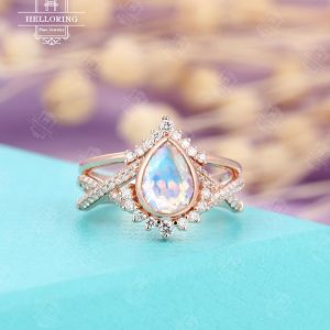 vintage Moonstone engagement ring set pear ring rose gold diamond moissanite wedding band twisted ring Anniversary Promise ring | Natural genuine Gemstone rings, simple unique alternative gemstone engagement rings. #rings #jewelry #bridal #wedding #jewelryaccessories #engagementrings #weddingideas #affiliate #ad