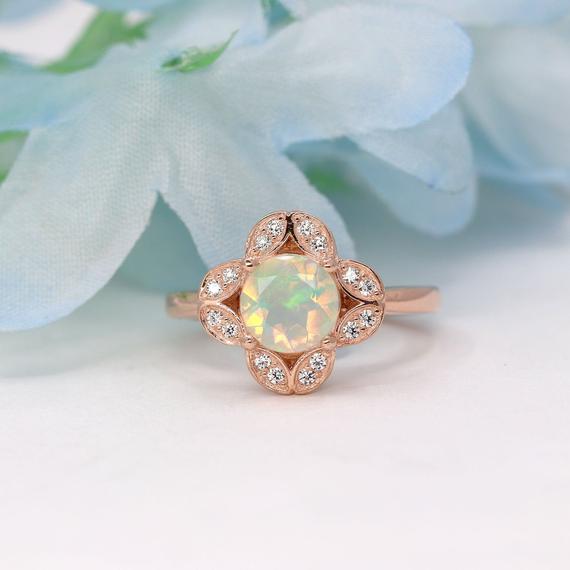 14k 1.2ct Opal Diamond Flower Engagement Ring / Diamond Wedding Ring / Opal Bridal Ring / Yellow Gold / Anniversary Ring / Flower Ring