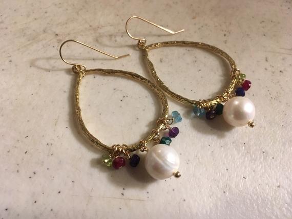 White Pearl Earrings - Apatite Amethyst Peridot Emerald Ruby Sapphire Gemstone Jewelry - June Birthstone - Gold Jewellery - Gift - Pierced