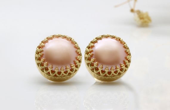Pink Pearl Earrings · Post Stud Earrings · Gold Studs · Pearl Post Earrings · 14k Gold Pearl Earrings