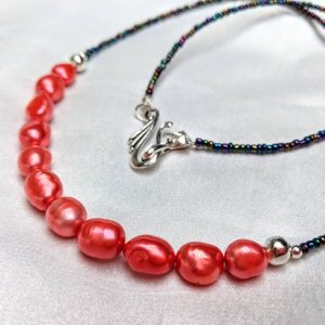 Shop Pearl Necklaces! Bright watermelon pink freshwater pearl necklace. Simple & dainty jewelry. June Birthstone | Natural genuine Pearl necklaces. Buy crystal jewelry, handmade handcrafted artisan jewelry for women.  Unique handmade gift ideas. #jewelry #beadednecklaces #beadedjewelry #gift #shopping #handmadejewelry #fashion #style #product #necklaces #affiliate #ad