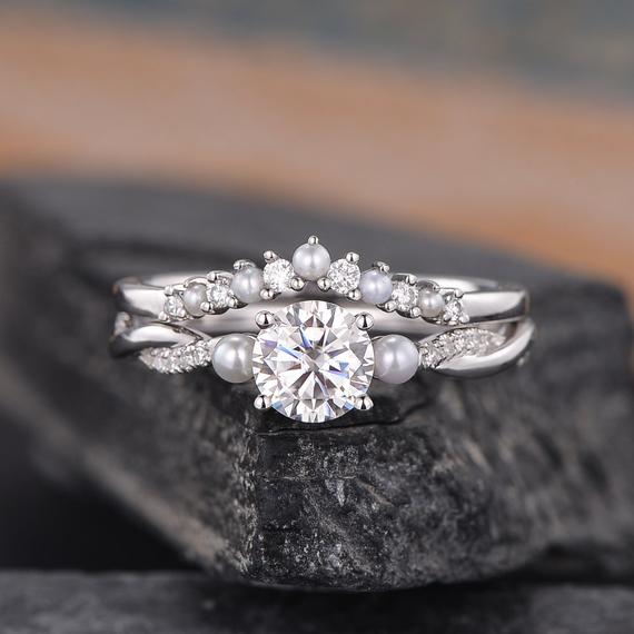 Pearl And Moissanite Engagement Ring Set White Gold Moissanite Bridal Set Diamond Infinity Akoya Pearl Birthstone June Ring Three Stone Ring