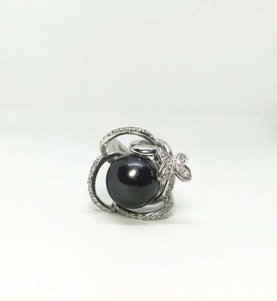 Sterling Silver Swirl Style Natural Tahitian Black Pearl (11.5 Mm In Diameter) Ring, Appraised 2,250 Cad