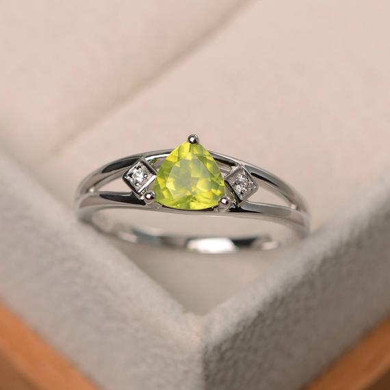 Natural Peridot Ring, Wedding Ring, Trillion Cut Green Gemstone, August Birthstone, Sterling Silver Ring
