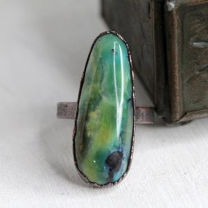 Shop Petrified Wood Rings! Opalized Wood Ring – Size 9 3/4 – Green Opalized Wood Statement Ring – Petrified Wood Jewelry – Rare Stone – Rock Hound Gift | Natural genuine Petrified Wood rings, simple unique handcrafted gemstone rings. #rings #jewelry #shopping #gift #handmade #fashion #style #affiliate #ad