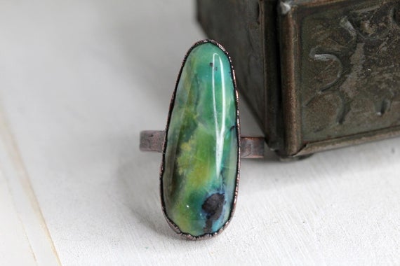 Opalized Wood Ring - Size 9 3/4 - Green Opalized Wood Statement Ring - Petrified Wood Jewelry - Rare Stone - Rock Hound Gift