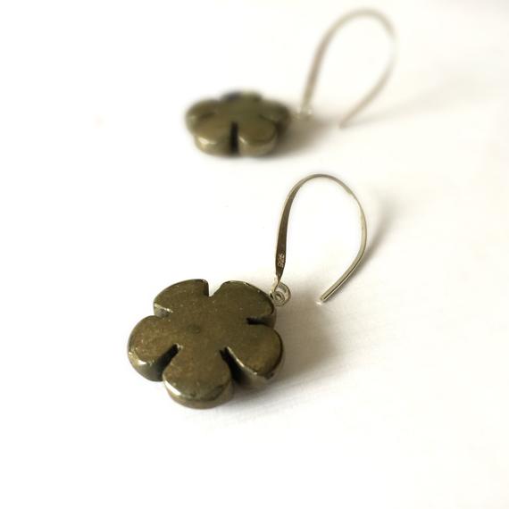 Pyrite Earrings - Sterling Silver Jewelry - Gemstone Jewellery - Fools Gold - Fashion - Mod - Funky - Flowers