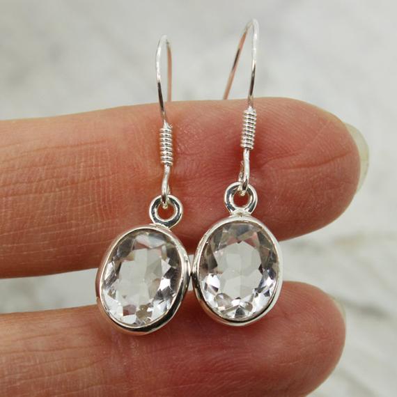 Small Quartz Crystal Drop Earrings Set On Sterling Silver 925 Genuine Clear Quartz  Stone Cut Faceted Sparkling Quartz Crystal Earrings